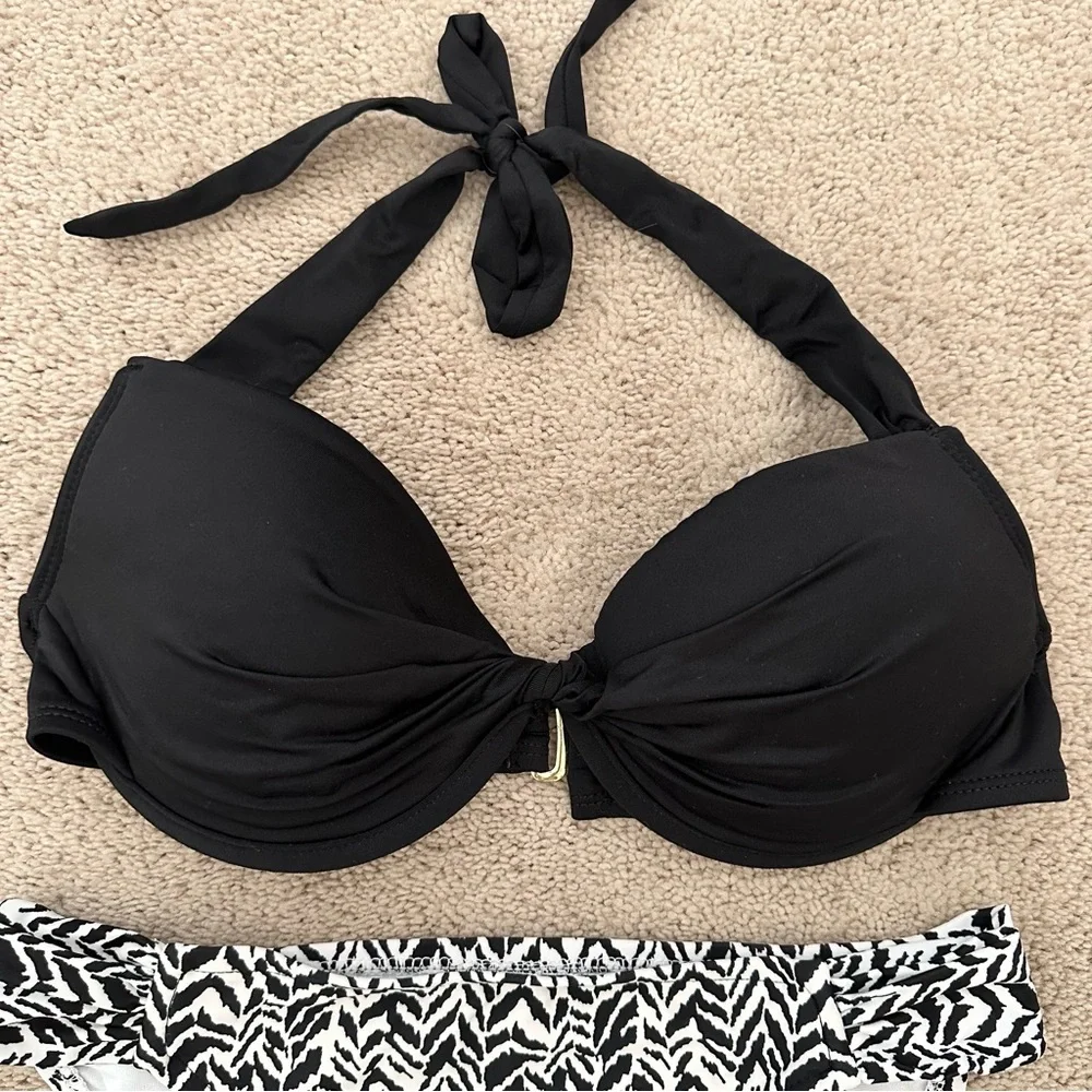 Animal Print Black & White Two Piece Bikini-Underwire Halter Top Hipster Bottoms